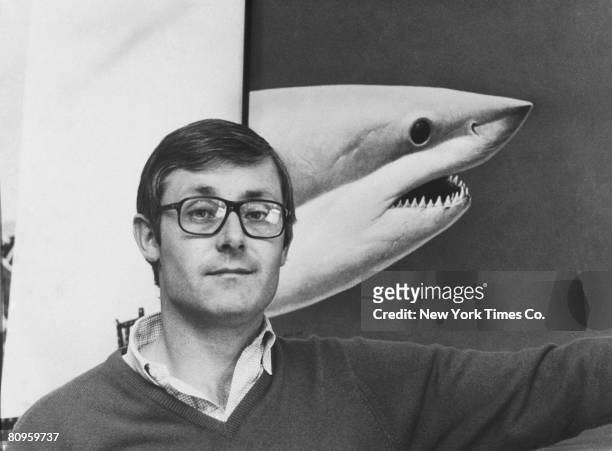 American author Peter Benchley , with a picture of a shark, at his home in Princeton, New Jersey, 2nd February 1976. Benchley is best known for his...
