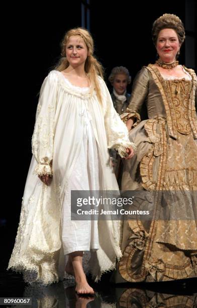 Actors Mamie Gummer and Kristine Nielson take bows during the curtain call at the Opening Night of the Broadway Production of "Liaisons Dangereuses"...