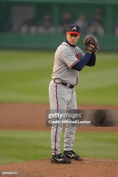 Tom Glavine of the Atlanta Braves pithces during a baseball game against the Washington Nationals on April 29, 2008 at Nationals Park in Washington...