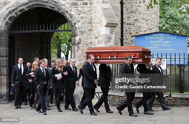 Frank Lampards family and friends leave the funeral of Pat Lampard at St Margarets Church on May 2, 2008 in Barking, England.