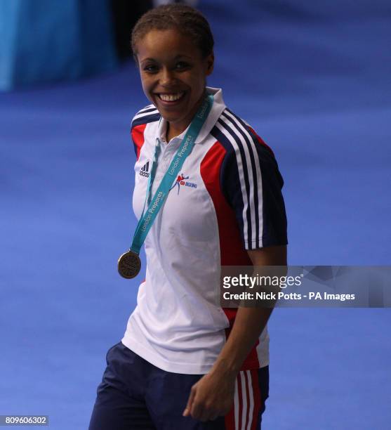 Great Britain's Natasha Jonas celebrates winning gold during the Women Light category during the Boxing International Invitational at the Excel...