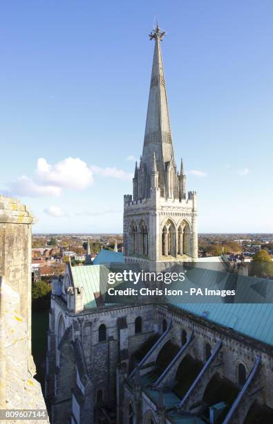 General view of Chichester Cathedral's 277ft spire which steeplejacks climbed today to reinstate the weathervane which has been guilded in Fairtrade...