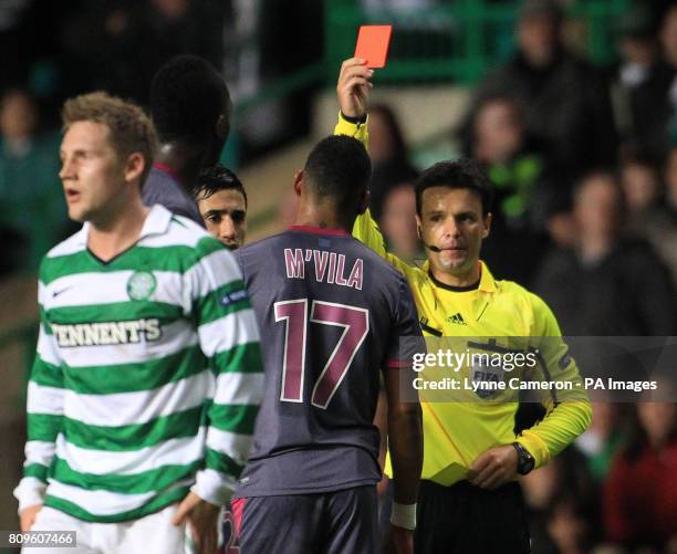 Stade Rennes' Yann M'Vila is sent off for a second booking by referee Bruno Paixaoduring the UEFA Europa League match at Celtic Park, Glasgow.