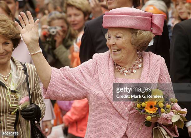 Queen Beatrix from the Dutch Royal Family greets the crowd on Queensday, April 30, 2008 in Franeker, The Netherlands.