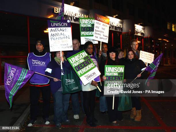 Theatre nurse Eleanor Smith , President of Unison leads health workers out on strike at midnight from the Birmingham Women's Hospital.