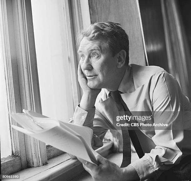 American actor Burgess Meredith during the filming of 'The DuPont Show of the Month' television movie of William Saroyan's 'The Human Comedy,' March...