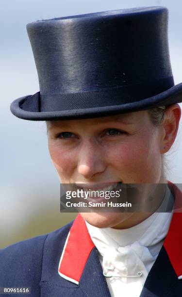 Zara Phillips smiles after competing on day two of the Badminton Horse Trials on May 2, 2008 in Badminton, England.