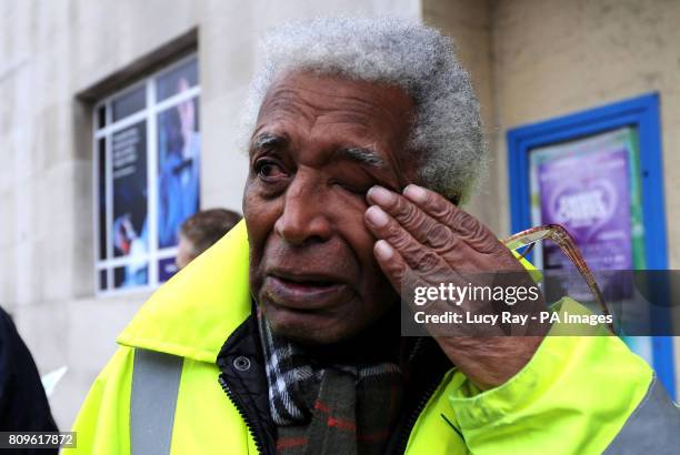 Bernard Robinson reacts after viewing the coffin of Sir Jimmy Savile at the Queens Hotel in Leeds, ahead of his funeral in the city tomorrow.