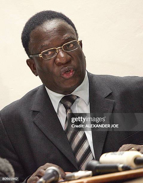 Emmerson Mnangagwa, Robert Mugabe's ZANU-PF election agent addresses a press conference in Harare on May 02, 2008. Mnangagwa said Mugabe is ready to...