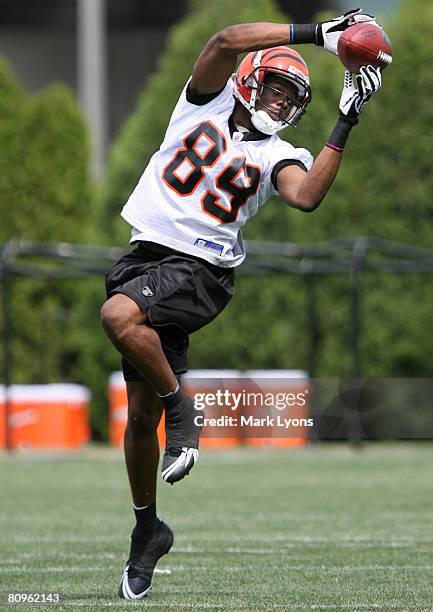 Second round draft pick Jerome Simpson of the Cincinnati Bengals catches a pass during rookie mini camp May 2, 2008 next to Paul Brown Stadium in...