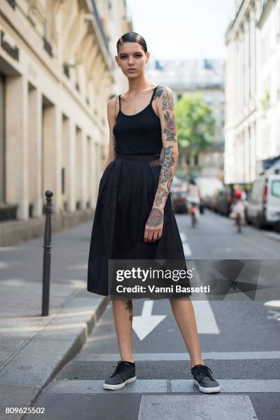 Model Maria Rai poses after the Jean Paul Gaultier show during Paris Fashion Week Haute Couture FW 17/18 on July 5, 2017 in Paris, France.