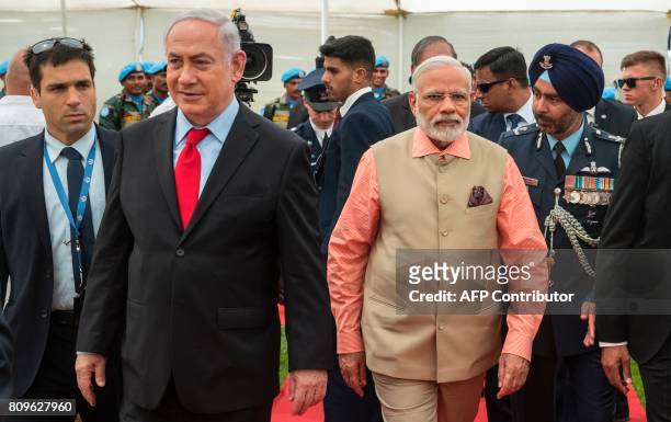 Indian Prime Minister Narendra Modi and Israeli Prime Minister Benjamin Netanyahu visit the Indian Army Cemetery of the World War I to honour fallen...