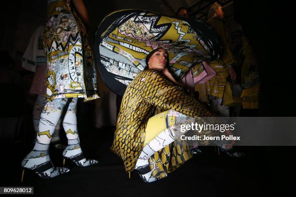 Model is seen backstage ahead of the 'Designer for Tomorrow' show during the Mercedes-Benz Fashion Week Berlin Spring/Summer 2018 at Kaufhaus Jandorf...