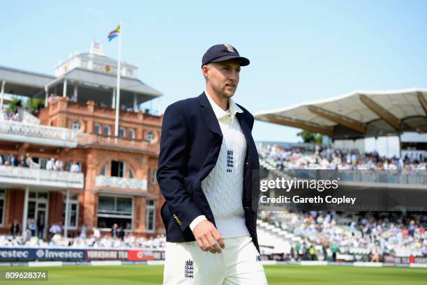 Joe Root of England looks on during day one of the 1st Investec Test match between England and South Africa at Lord's Cricket Ground on July 6, 2017...