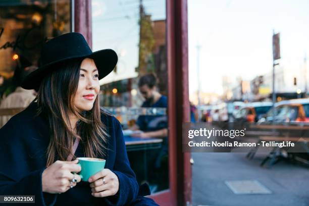 asian woman - fashion street style fitzroy, melbourne - melbourne cafe ストックフォトと画像