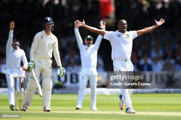 Vernon Philander of South Africa appeals for the wicket of Keaton Jennings of England during day one of the 1st Investec Test match between England...