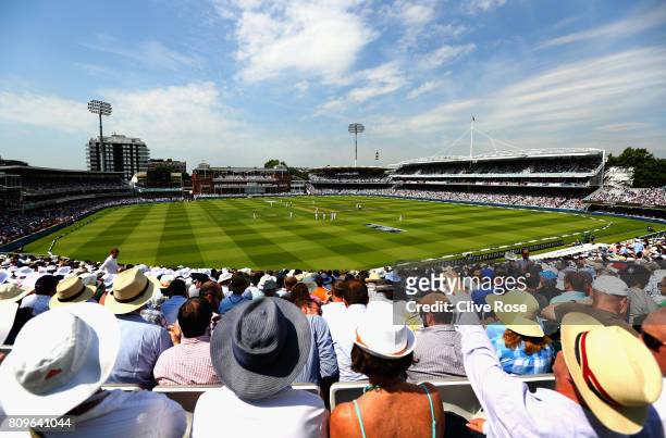 General view during day one of the 1st Investec Test match between England and South Africa at Lord's Cricket Ground on July 6, 2017 in London,...