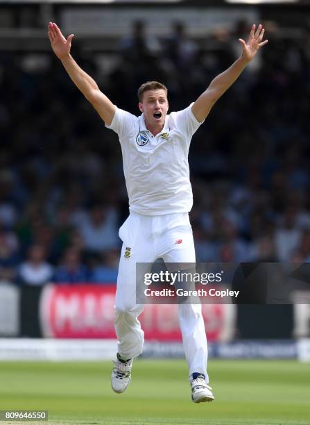 Morne Morkel of South Africa successfully appeals for the wicket of Gary Ballance of England during day one of 1st Investec Test match between...