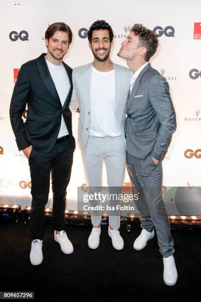Florian Molzahn, Sami Slimani and Simon Lohmeyer attend the GQ Mension Style Party 2017 at Austernbank on July 5, 2017 in Berlin, Germany.