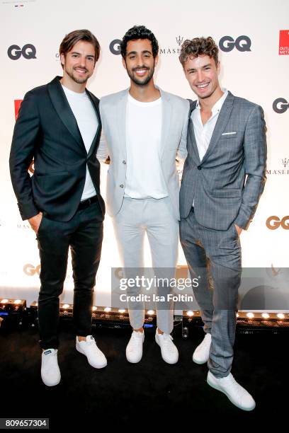 Florian Molzahn, Sami Slimani and Simon Lohmeyer attend the GQ Mension Style Party 2017 at Austernbank on July 5, 2017 in Berlin, Germany.