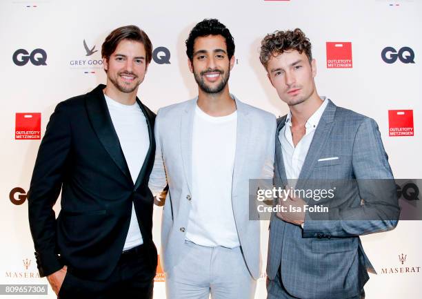 Florian Molzahn, Sami Slimani and Simon Lohmeyer attend the GQ Mension Style Party 2017 at Austernbank on July 5, 2017 in Berlin, Germany.