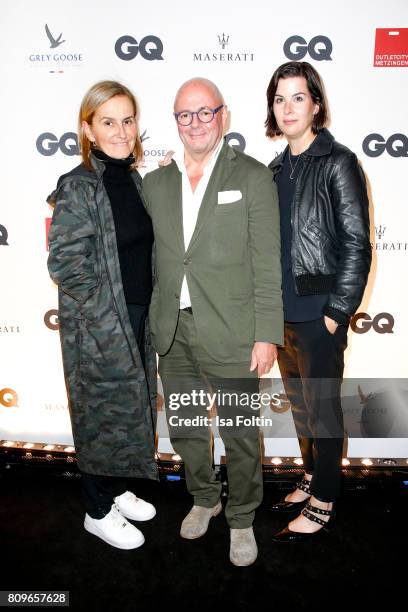 Petra Fladenhofer, Andre Maeder and Simone Heift of KaDeWe Group attend the GQ Mension Style Party 2017 at Austernbank on July 5, 2017 in Berlin,...