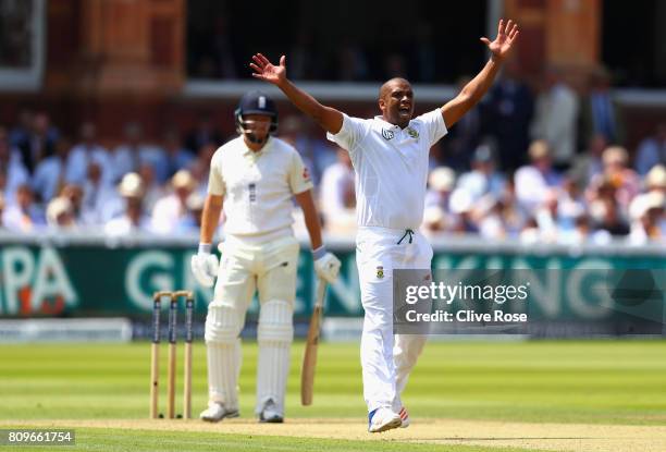 Vernon Philander of South Africa appeals for the wicket of Jonny Bairstow of England during day one of the 1st Investec Test match between England...