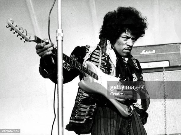 American singer and guitarist Jimi Hendrix performs on stage on May 24, 1967 at Grona Lund in Stockholm, Sweden.