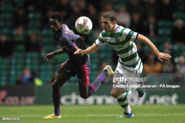 Stade Rennes' Jonathan Pitroipa and Celtic's Adam Matthews in action