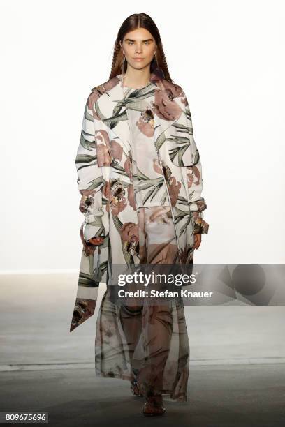 Model poses at the Steinrohner show during the Mercedes-Benz Fashion Week Berlin Spring/Summer 2018 at Kaufhaus Jandorf on July 6, 2017 in Berlin,...