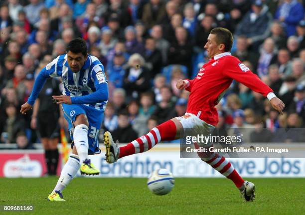 Brighton & Hove Albion's Gonzalo Jara Reyes takes a shot past Nottingham Forest's Radoslaw Majewski during the npower Championship match at the AMEX...