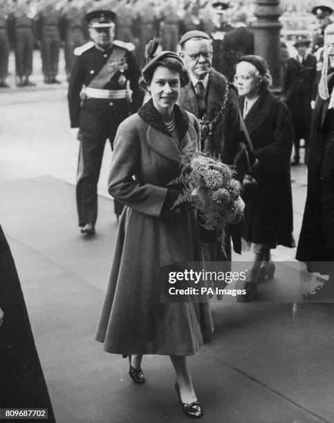 Queen Elizabeth II about to enter Sheffield Town Hall as she visited Sheffield with the Duke of Edinburgh on the first day of their two-day tour of...