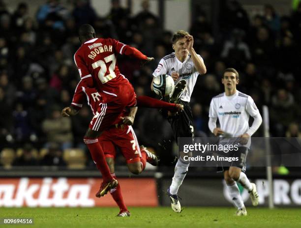 Derby County's Jeff Hendrick battles for possession of the ball with Bristol City's Albert Adomah during the npower Football League Championship...