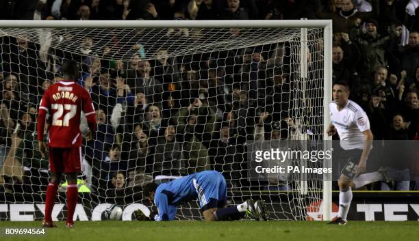 Derby County's Callum Ball celebrates scoring their second goal of the game as Bristol City's goalkeeper David James is dejected during the npower...