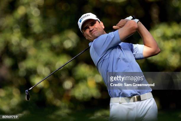 Zach Johnson plays a shot on the 6th hole during the second round of the Wachovia Championship at Quail Hollow Country Club on May 2, 2008 in...