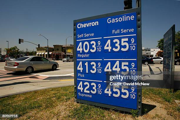 Chevron price marquee shows an increase in gasoline prices on May 2, 2008 in Pasadena, California. Chevron Corp's first quarter profits have...