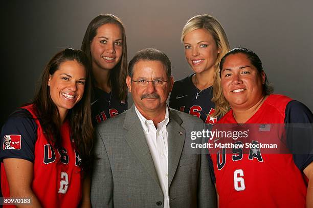 Jessica Mendoza, Cat Osterman, Mike Candrea , Jennie Finch and Crystl Bustos of the U.S. Women's Softball team pose for a portrait during the 2008...