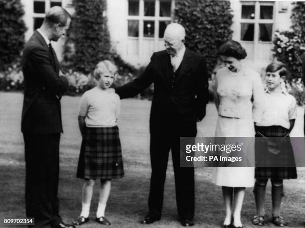 American President Dwight D. Eisenhower with Queen Elizabeth II, the Duke of Edinburgh, Prince of Wales, and Princess Anne, at Balmoral.