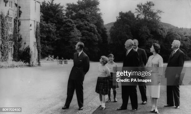 American President Dwight D. Eisenhower with Queen Elizabeth II, the Duke of Edinburgh, Prince of Wales, Princess Anne, Major John Eisenhower, and...