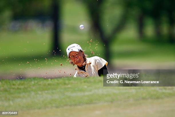 Catriona Matthew of Scotland hits out of a bunker on the 18th hole during the second round of the SemGroup Championship presented by John Q. Hammons...