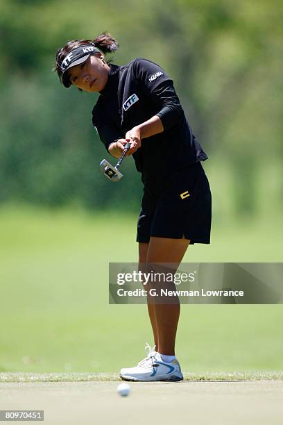 Mi Hyun Kim watches a putt on the 18th hole during the second round of the SemGroup Championship presented by John Q. Hammons on May 2, 2008 at Cedar...