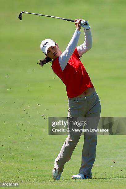 Meena Lee of South Korea watches a shot on the 7th hole during the second round of the SemGroup Championship presented by John Q. Hammons on May 2,...