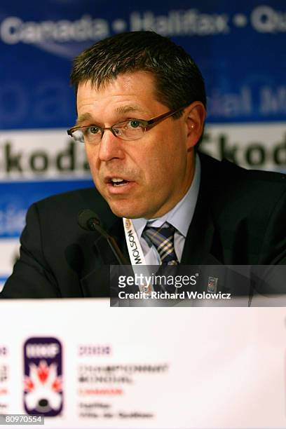 Scott Smith, Chief Operating Officer of Hockey Canada, speaks during a press conference prior to the game between Russia and Italy at Colisee Pepsi...