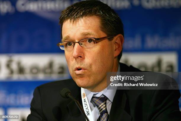 Scott Smith, Chief Operating Officer of Hockey Canada, speaks during a press conference prior to the game between Russia and Italy at Colisee Pepsi...