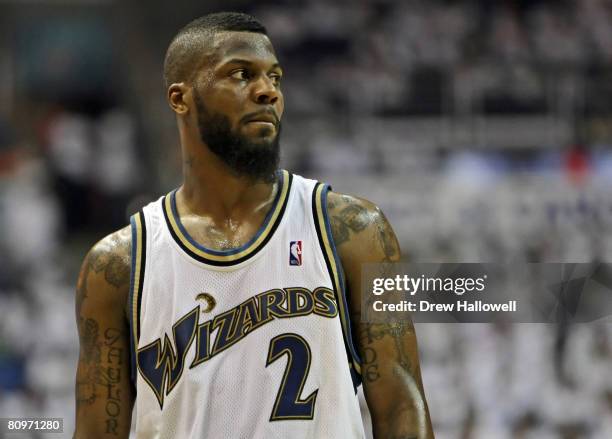 DeShawn Stevenson of the Washington Wizards looks towards the sideline during the game against the Cleveland Cavaliers in Game Six of the Eastern...