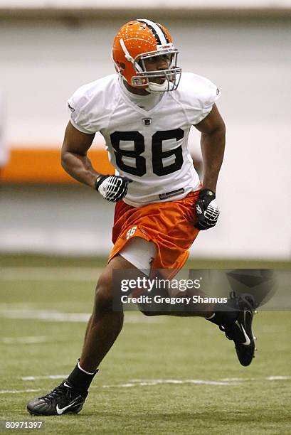 Martin Rucker of the Cleveland Browns looks to catch a pass during rookie training camp at the Cleveland Browns Training and Administrative Complex...