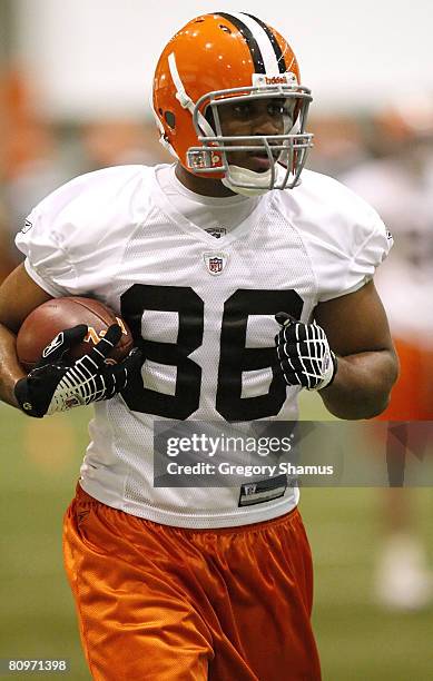 Martin Rucker of the Cleveland Browns works out during rookie training camp at the Cleveland Browns Training and Administrative Complex on May 2,...