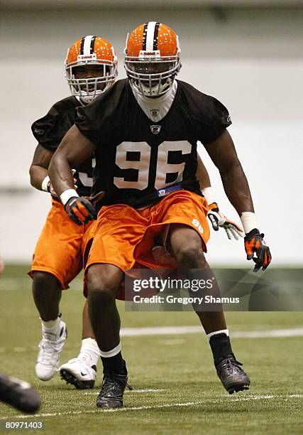 Alex Hall of the Cleveland Browns works out during rookie training camp at the Cleveland Browns Training and Administrative Complex on May 2, 2008 in...