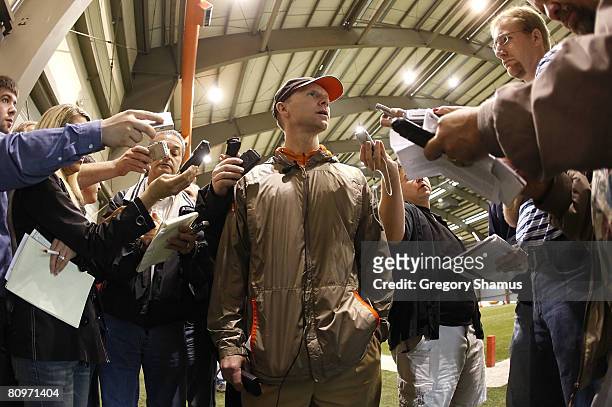 Senior vice president and general manager Phil Savage of the Cleveland Browns talks with media after signing a three year contract extension prior to...