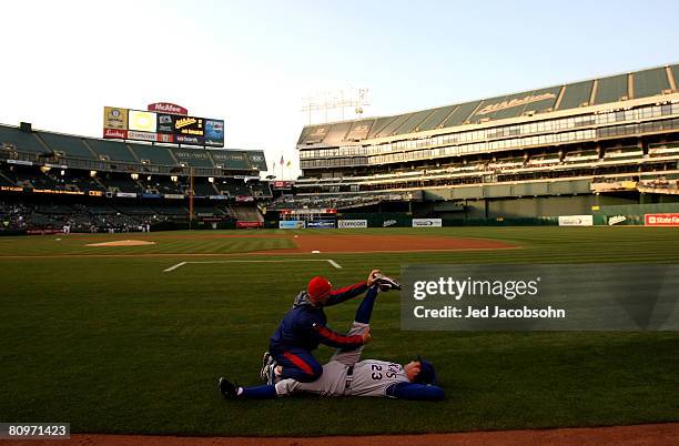 Ben Broussard of the Texas Rangers warms up before his game against the Oakland Athletics on May 2, 2008 at McAfee Coliseum in Oakland, California.